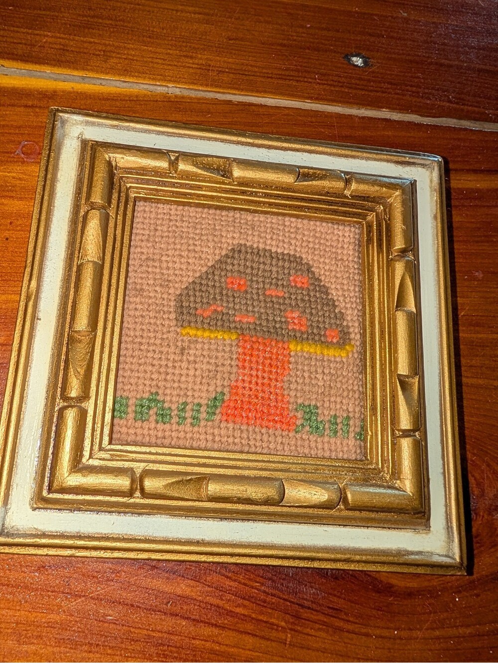 Vintage Handmade Cross-Stitch Mushroom Artwork in Gold Frame